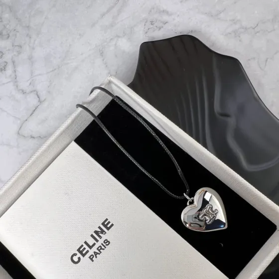 Celine Triomphe Puffy Heart necklace Silver-toned metal with black leather cord 45cm with 5cm extender