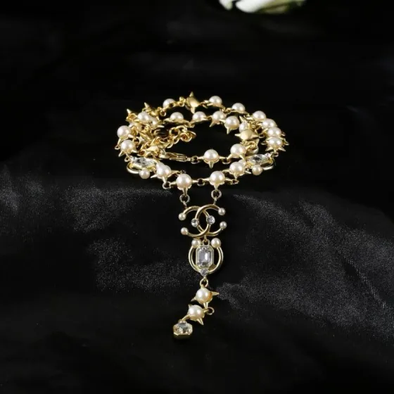 Chanel 2021 CC Logo Star Pearl Crystal Lariat Necklace necklace gold-tone metal white pearl clear crystal 40cm with 5cm extender
