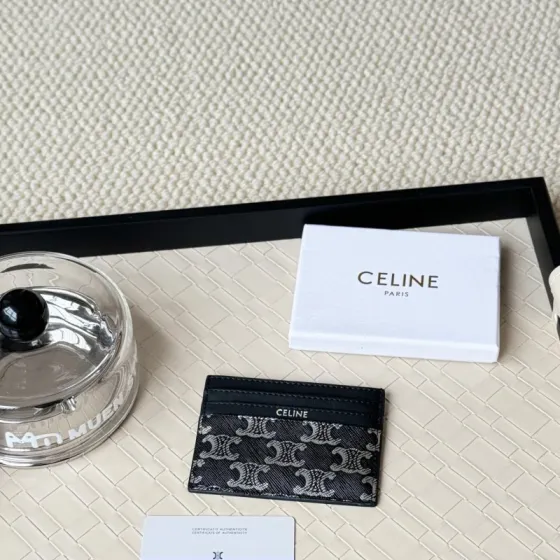 Celine Triomphe Canvas Card Holder card holder black coated canvas with white Triomphe monogram black leather trim white logo print 10 5cm x 7