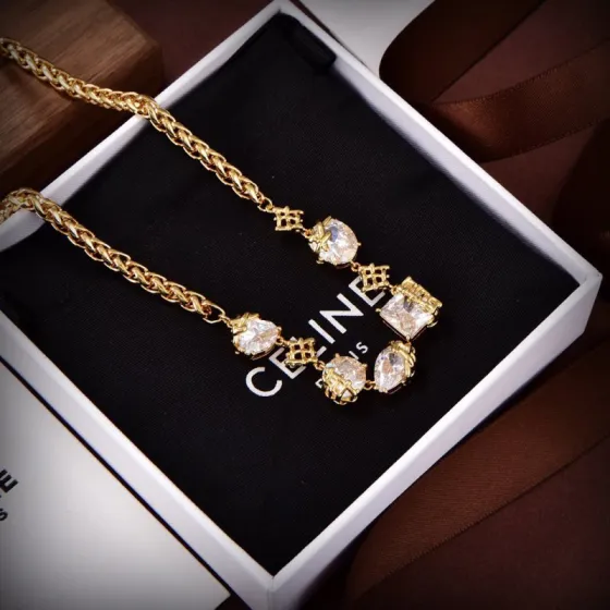 Celine Crystal Embellished Triomphe Choker necklace Gold-tone metal with clear faceted crystals 38cm