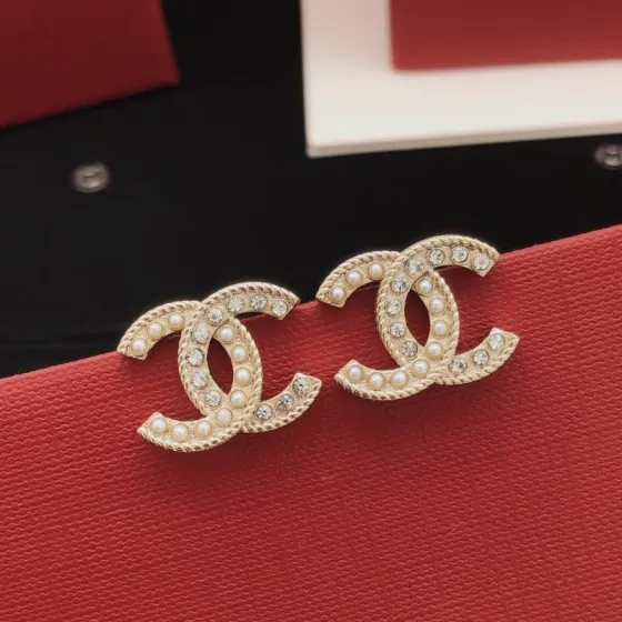Chanel CC Logo Pearl Crystal Stud Earrings earrings light gold metal white faux pearl clear crystal 1 5cm width per earring