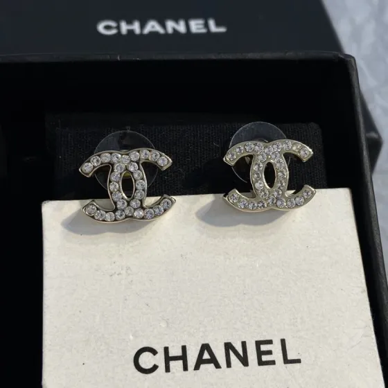 Chanel CC Logo Crystal Stud Earrings earrings Silver-toned metal with clear faceted crystals 1 2cm stud diameter