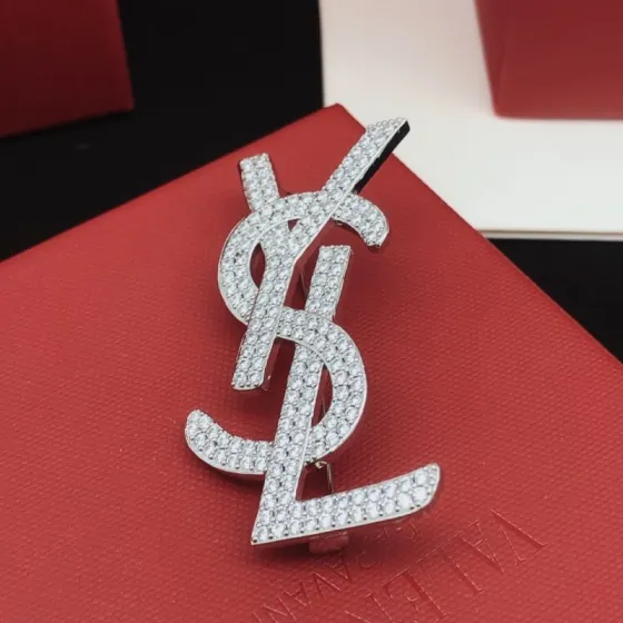 Saint Laurent YXZ0040 Cassandre Monogram brooch silver-toned metal with clear pave crystals 4 5cm width