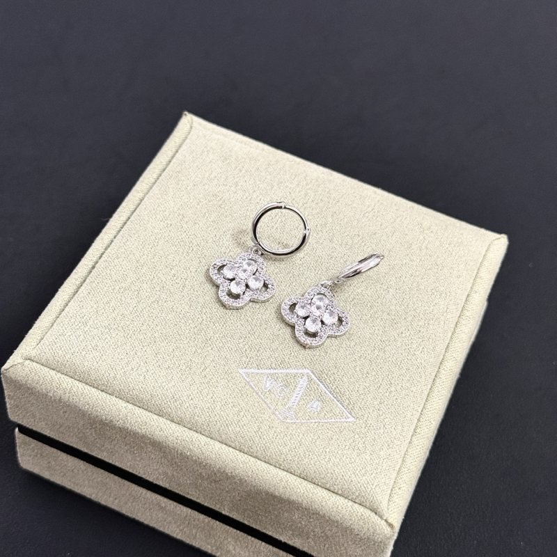 Van Cleef Arpels Alhambra earrings silver-toned white gold metal clear diamond-like gemstones 12mm hoop diameter 10mm charm