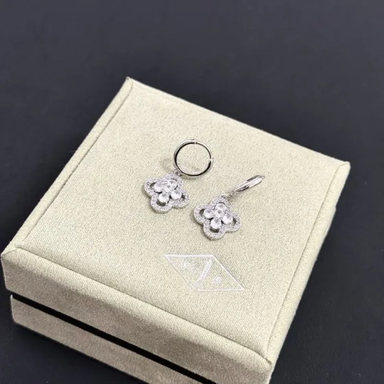 Van Cleef Arpels Alhambra earrings silver-toned white gold metal clear diamond-like gemstones 12mm hoop diameter 10mm charm