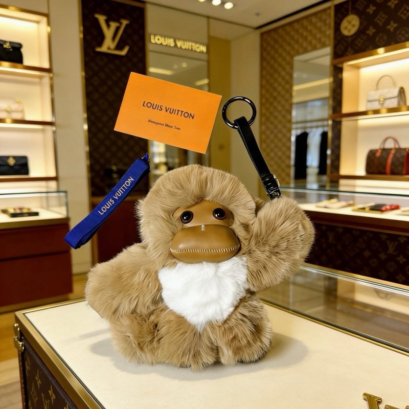 Louis Vuitton Anger Forest Monkey Keychain Charm pendant Light tan fur with white chest tan leather face black metal hardware blue fabric strap Dark brown fur variant with white chest tan leather face silver-tone hardware 12cm plush charm with 5cm key ring