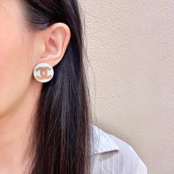 Chanel CC Logo Round Stud Earrings earrings Cream white resin base with light brown CC logo 2cm diameter