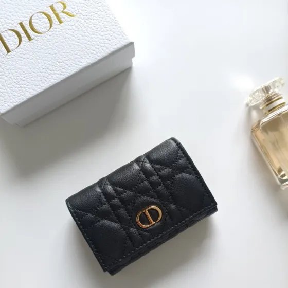 Dior Caro card holder black grained calfskin with gold-tone metal hardware 11x7 5x2 5cm