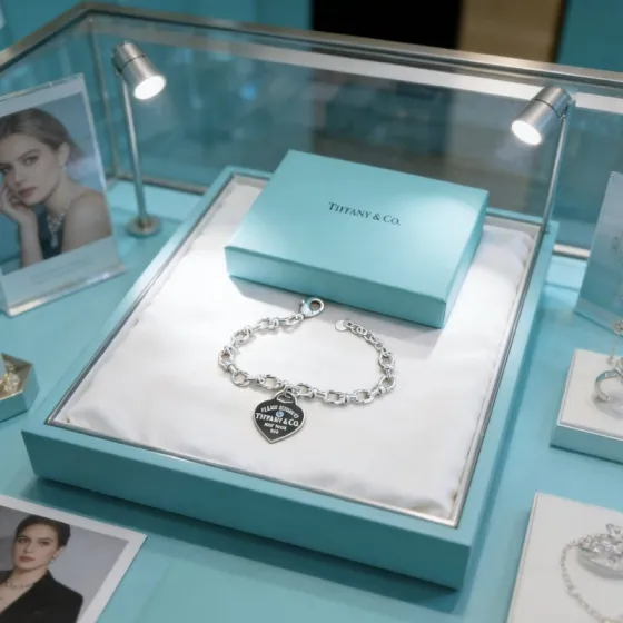 Tiffany Co Return to Tiffany Heart Tag bracelet sterling silver with black enamel heart tag and light blue accent stone 7 inches