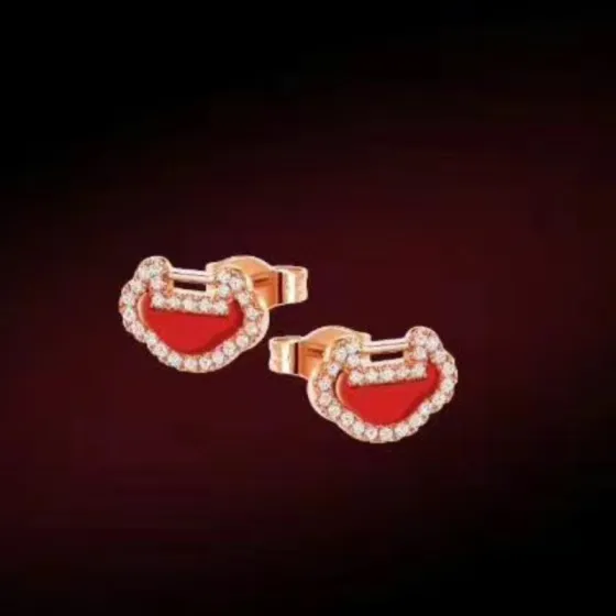 Qeelin Yu Yi Ruyi Lock earrings 18k rose gold red carnelian white diamond 8mm stud diameter