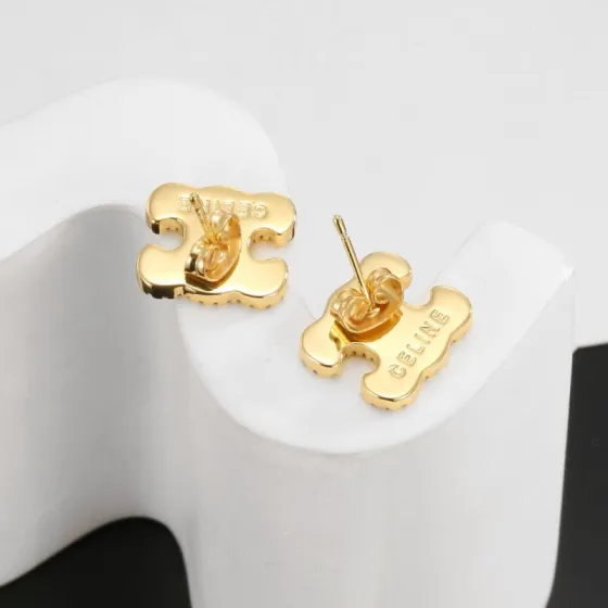 Celine Triomphe earrings gold-tone metal with brown enamel center and clear crystal accents 1 2cm stud diameter