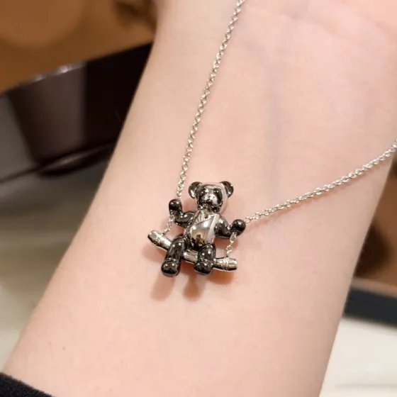 Qeelin Kirin High Jewelry Charity Panda Swing necklace 925 sterling silver with black rhodium plated panda detailing black and white glossy finish 42cm