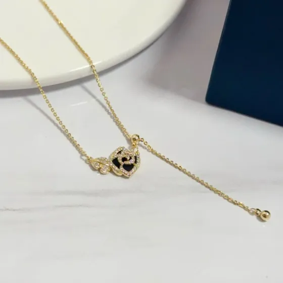 Piaget Rose necklace yellow gold black onyx clear diamond simulants 42cm with 5cm extender