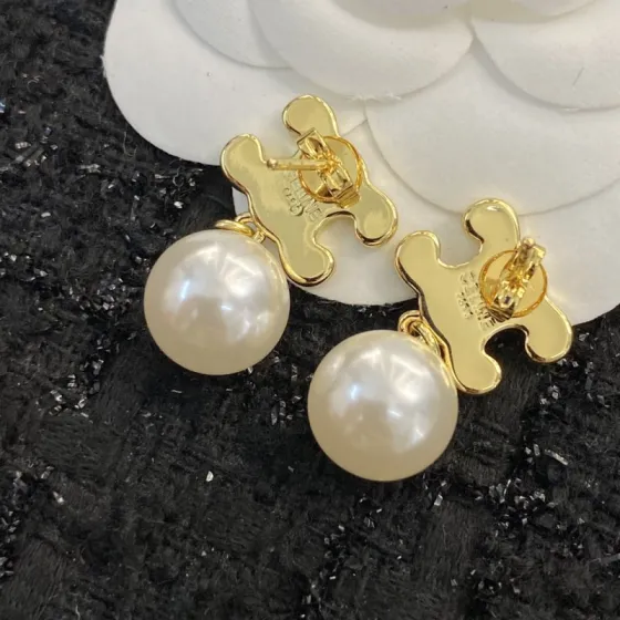 Celine Triomphe Pearl Drop earrings gold-tone metal with cream white pearls 1 5cm drop length