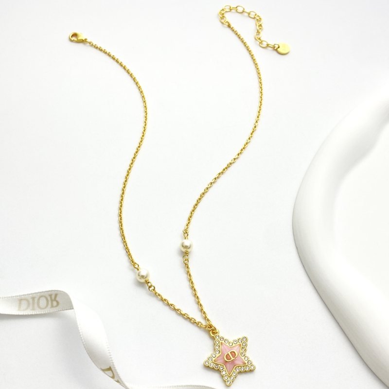 Dior Petit CD Star Pearl Necklace N1173 necklace gold-tone metal pink enamel clear crystal white faux pearl 42cm with 5cm extender chain