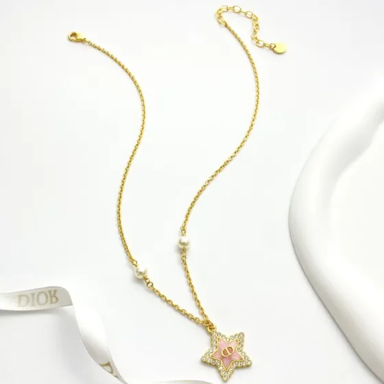 Dior Petit CD Star Pearl Necklace N1173 necklace gold-tone metal pink enamel clear crystal white faux pearl 42cm with 5cm extender chain