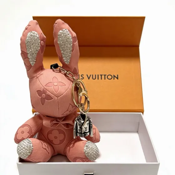 Louis Vuitton Anger Forest Bunny Keychain Charm pendant Pink monogram fabric gold-tone metal hardware silver-tone jacket charm clear crystal accents 12cm total length