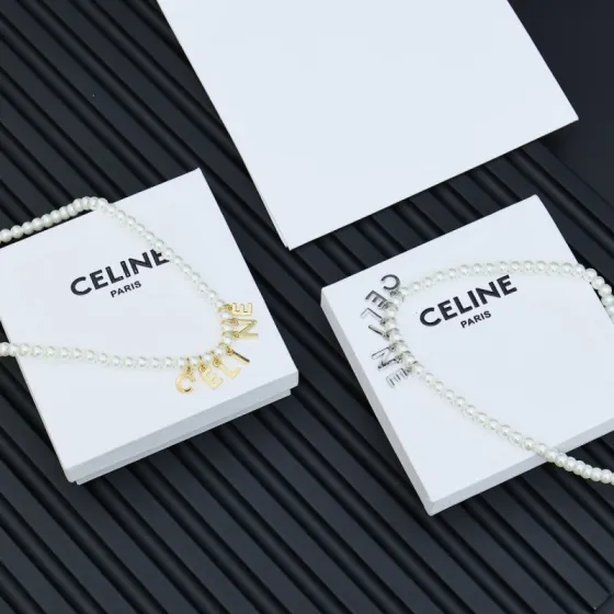 Celine PRECIOUS Logo Letter Pearl Necklace necklace Gold-tone metal with white pearls 40cm with 5cm extender chain
