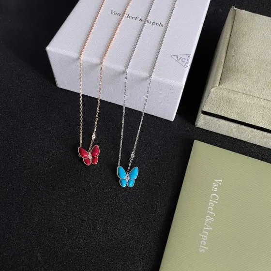 Van Cleef Arpels Two Butterfly Alhambra necklace White gold with turquoise blue stone and diamond accent 42cm