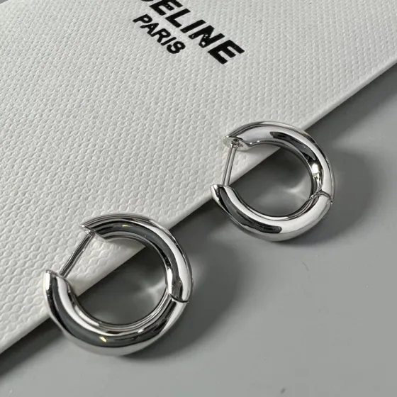 Celine YHED045 Chunky Hoop earrings polished silver-tone metal no accent stones 1 5cm outer diameter