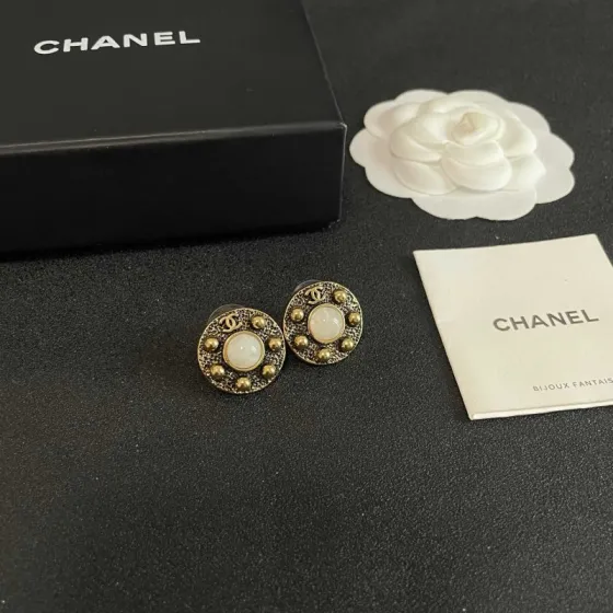 Chanel CC Logo Round Stud Earrings earrings antique gold metal white mother-of-pearl center stone 1 5cm diameter