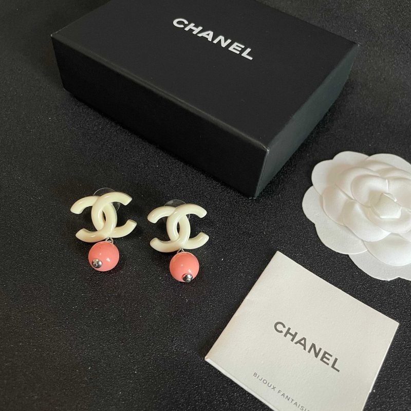 Chanel CC Logo Drop Earrings earrings Cream white resin CC logo coral pink resin bead silver tone metal hardware One Size post style total drop length approx 2 5cm
