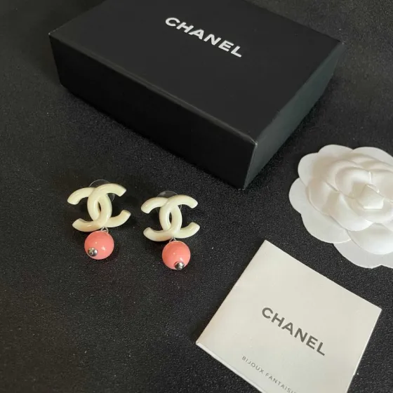 Chanel CC Logo Drop Earrings earrings Cream white resin CC logo coral pink resin bead silver tone metal hardware One Size post style total drop length approx 2 5cm