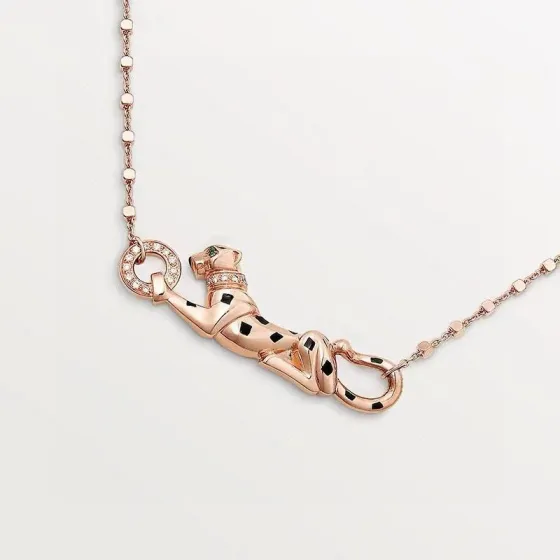 Cartier Panthere de Cartier necklace Rose gold with black onyx spots diamond accents green tsavorite garnet eyes 42cm