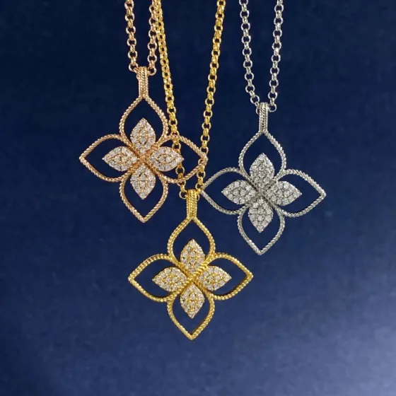Roberto Coin Princess Flower necklace Yellow gold with pave white diamonds rose gold with pave white diamonds white gold with pave white diamonds 18 inch