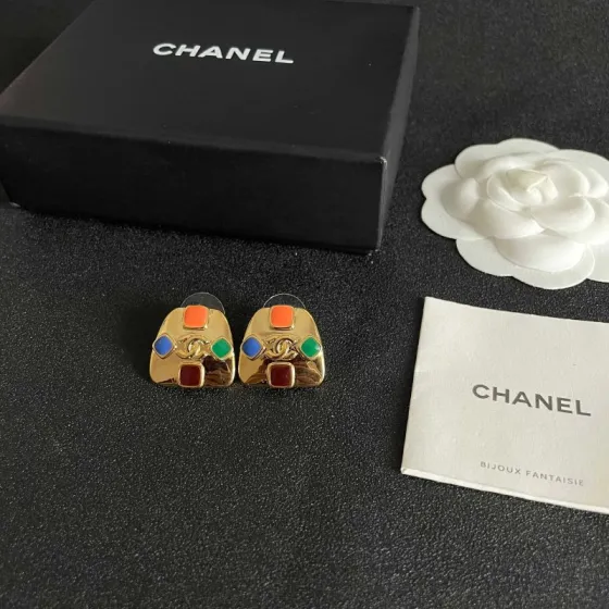 Chanel CC Logo Multicolor Gripoix Stud Earrings earrings Gold tone metal with orange blue green and deep red enamel accents 2 2cm width