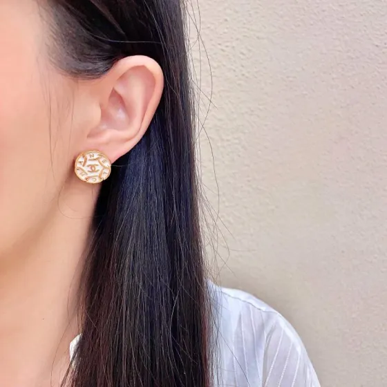Chanel CC Logo Round Letter Stud Earrings earrings gold-tone metal with white enamel 1 5cm diameter