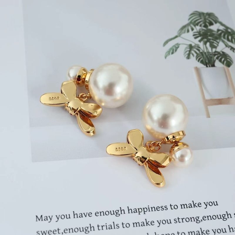 Dior Tribales Bow Pearl Drop Earrings earrings Gold-tone metal cream white faux pearls clear crystal pave One Size drop length approx 2 5cm