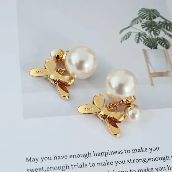 Dior Tribales Bow Pearl Drop Earrings earrings Gold-tone metal cream white faux pearls clear crystal pave One Size drop length approx 2 5cm
