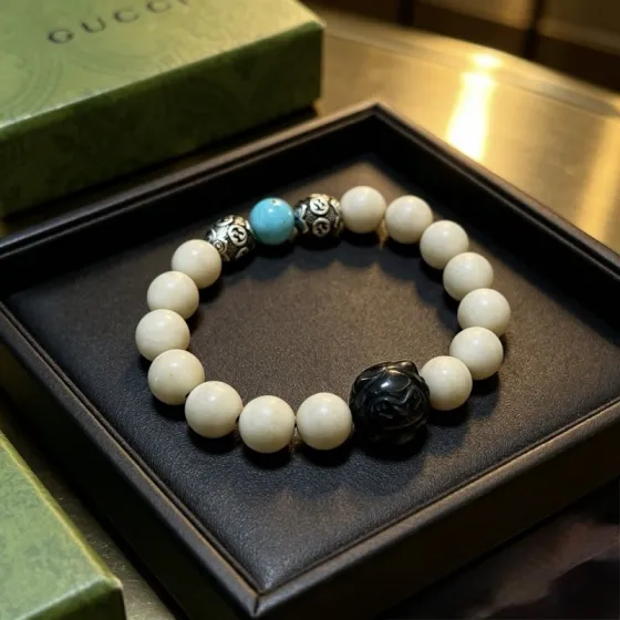 Gucci Anger Forest bracelet antique silver ivory white turquoise blue obsidian black 18cm