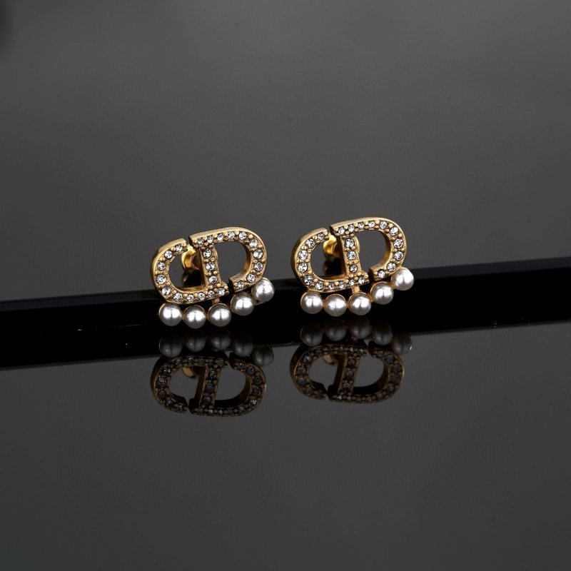 Dior Petit CD earrings antique gold metal clear crystals white pearls 1 2cm width