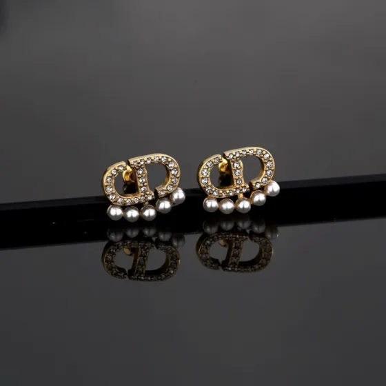Dior Petit CD earrings antique gold metal clear crystals white pearls 1 2cm width