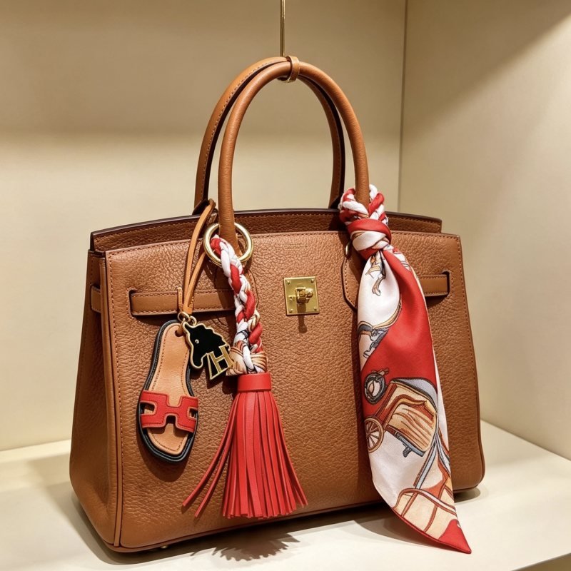 Hermes Oran Sandal Tassel Twilly Bag Charm pendant Gold-tone metal tan leather red leather black enamel white red multicolor printed silk 12cm total length
