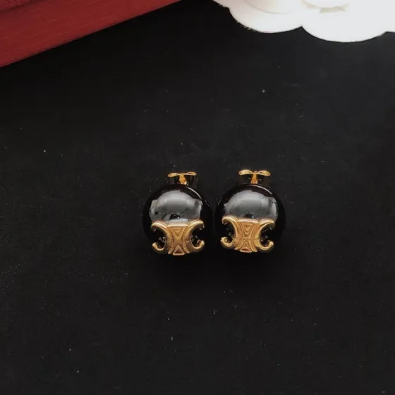 Celine Triomphe earrings gold-tone metal with black resin beads 10mm bead diameter