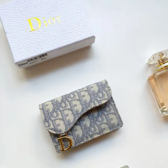 Dior Oblique card holder gray and beige jacquard canvas with gold-tone metal hardware 11 7 5 2 5cm