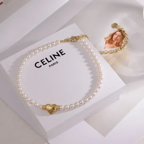 Celine Precious Heart Pearl necklace gold-tone metal white pearl clear crystal accents 40cm with 5cm extender chain