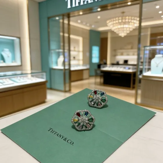 Tiffany Co Marquise Commemorative Earrings earrings Platinum-toned metal with white diamonds and multicolored gemstones red blue green yellow pink 1 5cm stud diameter