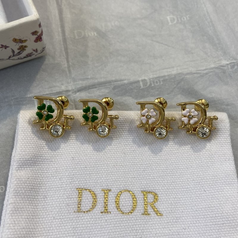 Dior Floral Letter Clover Stud Earrings earrings Gold-tone metal with clear crystals green enamel clover and white enamel clover accents One Size