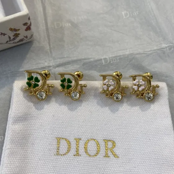 Dior Floral Letter Clover Stud Earrings earrings Gold-tone metal with clear crystals green enamel clover and white enamel clover accents One Size