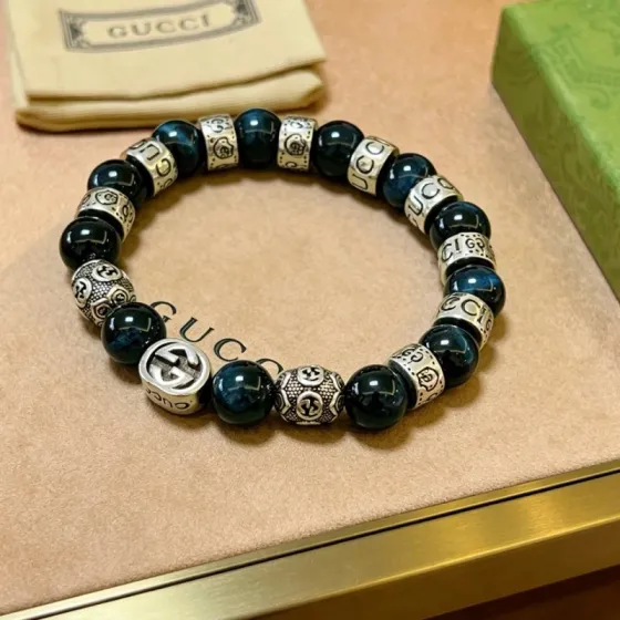 Gucci Anger Forest bracelet Aged silver metal dark blue hawk s eye stone beads 18cm