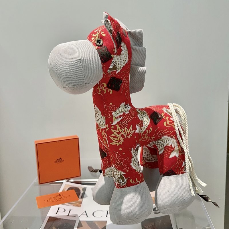 Hermes Hermy Horse Plush brooch Red fabric with light gray canvas accents gold and white koi print white rope tail dark metal button eye 35cm