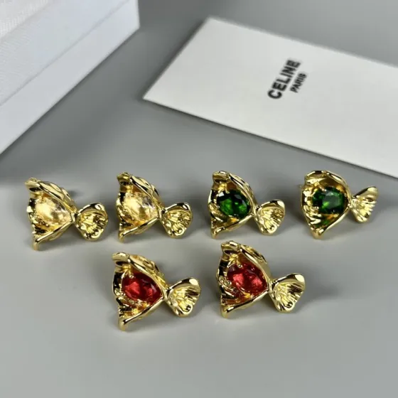 Celine Fish Stud Earrings earrings Gold-toned metal with clear red and green faceted gemstones 1 5cm stud diameter