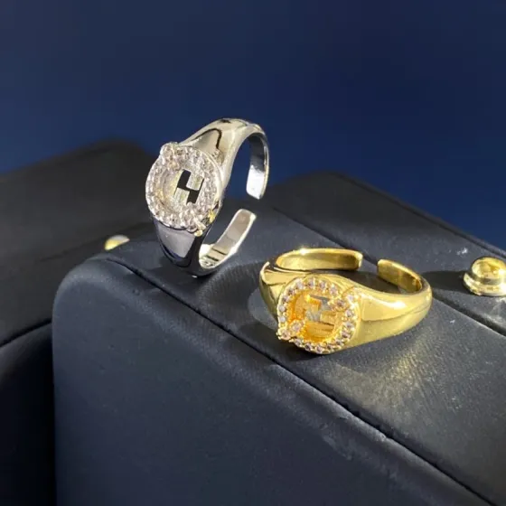 Fendi FD925252 FF Logo Signet Ring ring gold-tone metal with clear pave stones silver-tone metal with clear pave stones adjustable open band