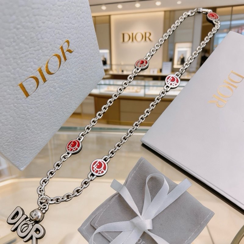 Dior Logo Charm Enamel Chain Necklace necklace Silver-toned metal with red enamel accents 50cm