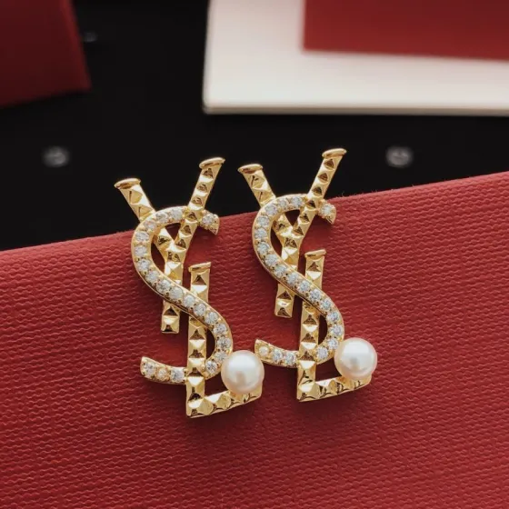 Saint Laurent YED0098 Cassandre Monogram Pearl Stud Earrings earrings gold-tone metal with clear pave crystals and white freshwater pearls 2 2cm length