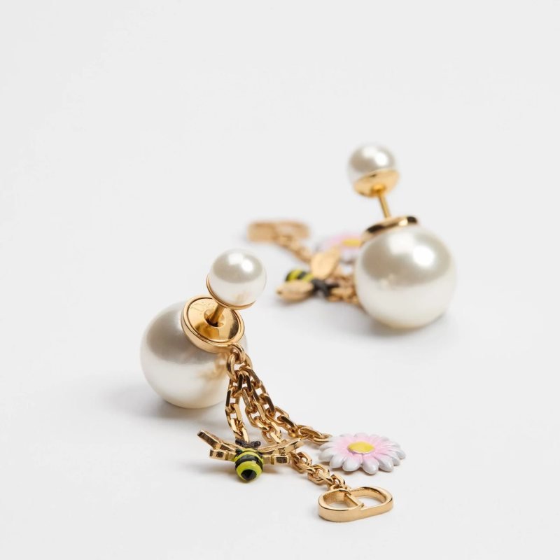 Dior Tribales Bee Daisy CD Charm Earrings earrings Gold-tone metal white resin pearls pink and white enamel daisies with yellow centers black and yellow enamel bees One Size drop length approximately 4 5cm